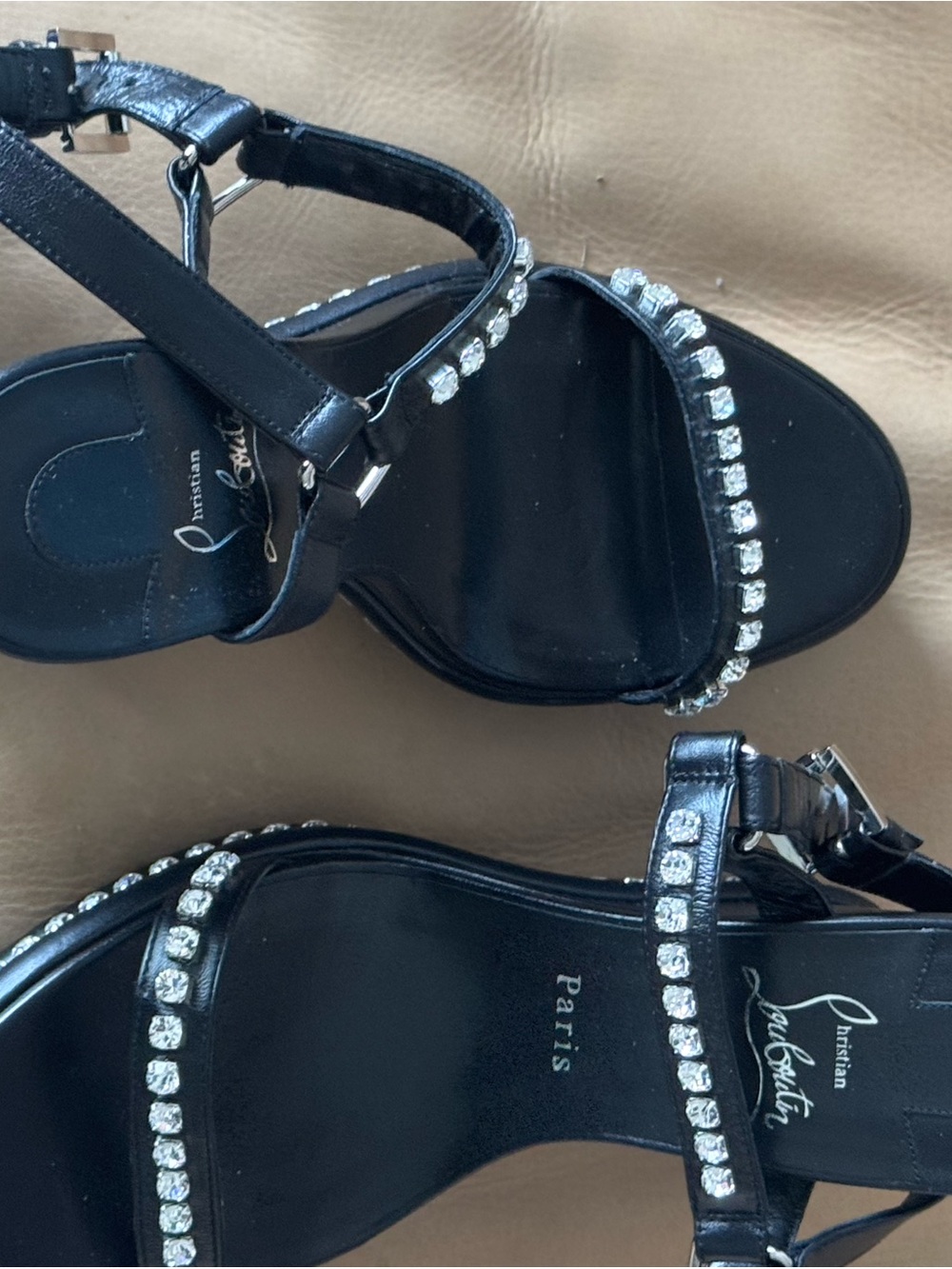 Christian Louboutin Black Leather Sandals with Crystal Trim - Picture 2 of 10
